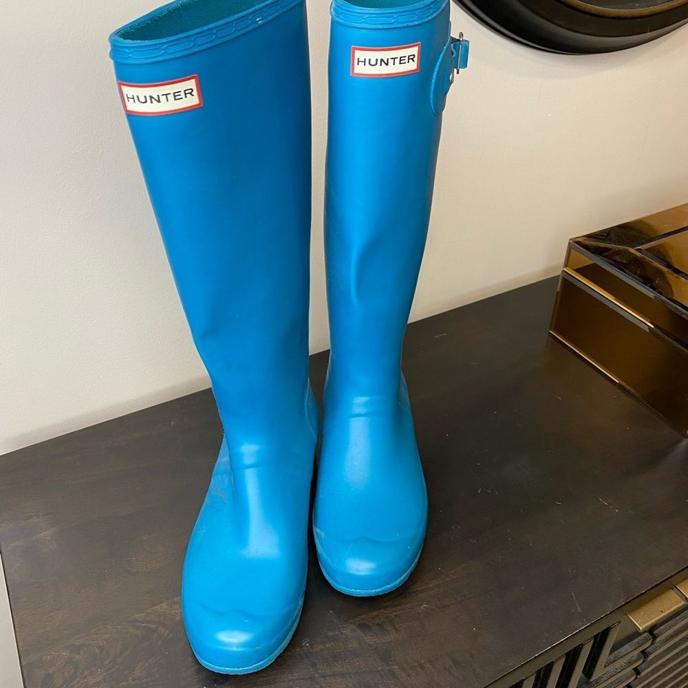 Hunter teal green blue tall rubber rain boots, size 9